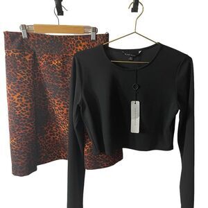Black Halo Leopard Print Skirt and Black Crop Top Set Size 12 NWT